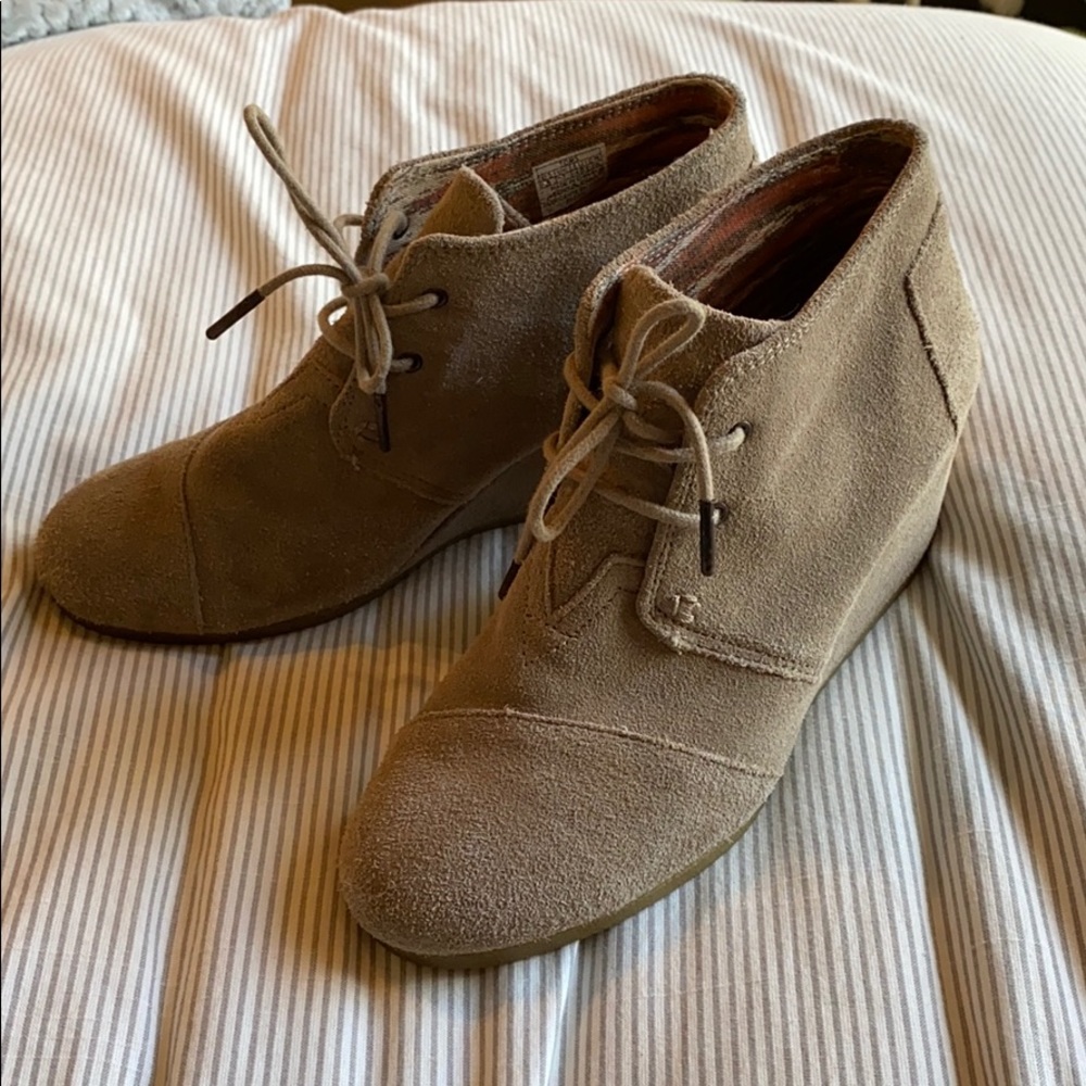 TOMS grey suede wedge booties